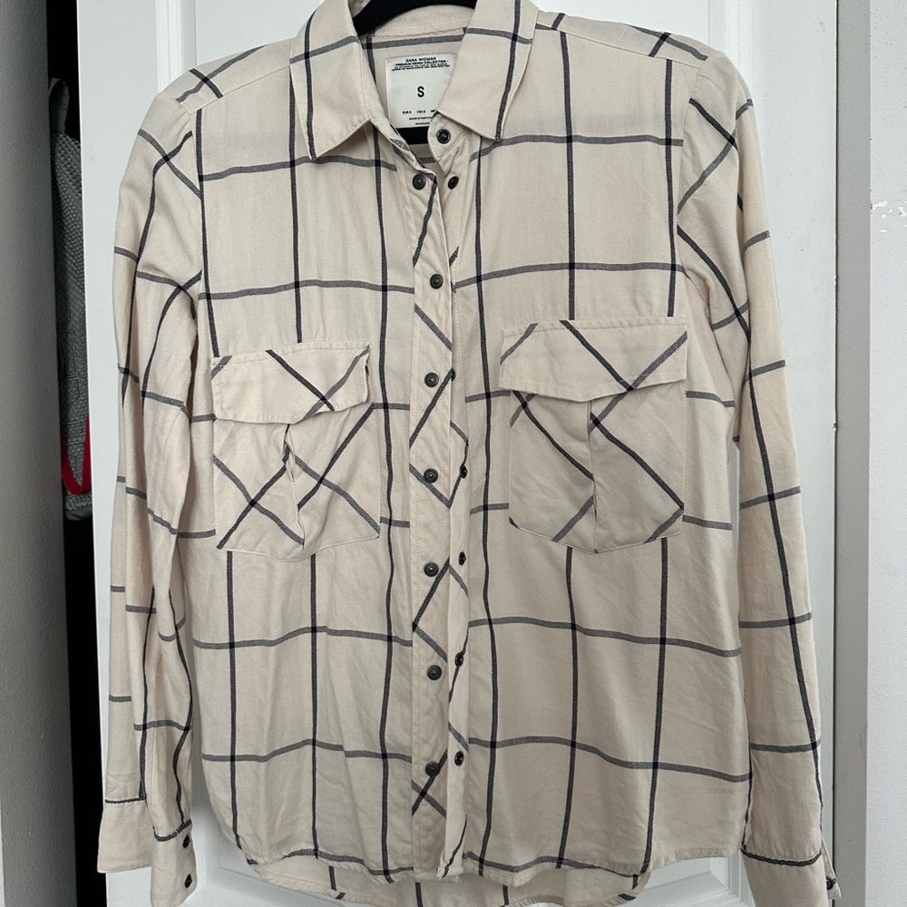 Zara Cream and Black Plaid Shirt